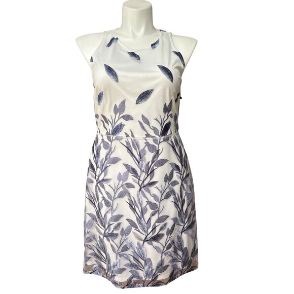 Adrianna Papell NWT $159 Blue Leaf Embroidered A-Line Dress, Women's Size 14 - Picture 2 of 12